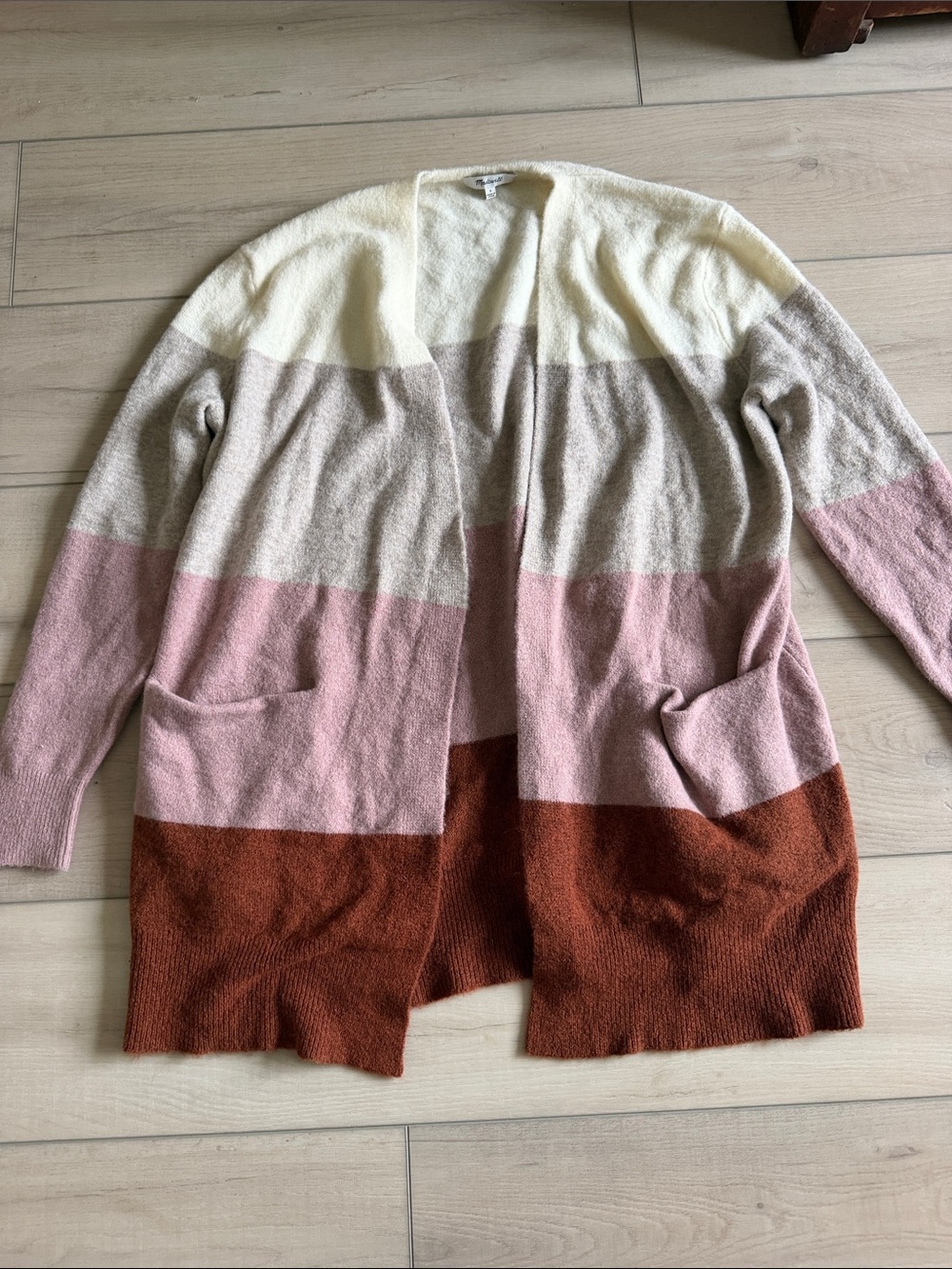 Madewell Striped Open-Front Cardigan Duster Sweater in Cream, Taupe, Pink & Rust